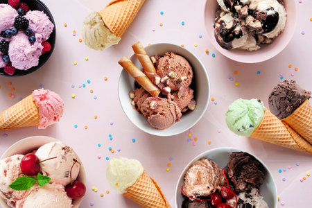 Summer ice cream table scene. Bowls and cones of colorful assorted flavors. Top view on a soft pink stone background.の写真素材