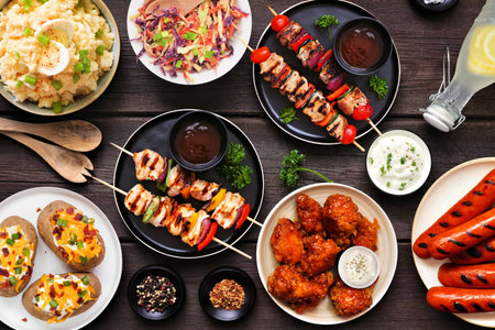Summer BBQ food table scene over a dark wood background. Variety of grilled meats, salads and sides. Overhead view.の写真素材