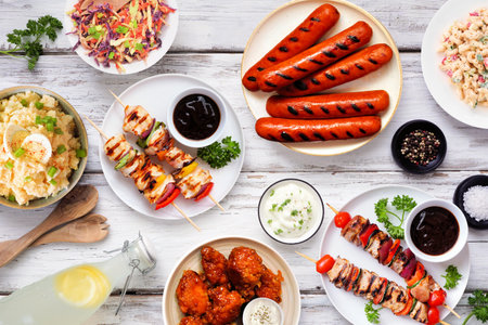 Summer BBQ food table scene over a white wood background. Variety of grilled meats, salads and sides. Overhead view.の写真素材