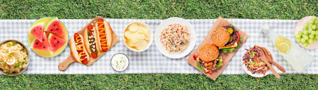 Summer picnic or BBQ food scene. Above view with blanket over a green lawn banner background. Hamburgers, hot dogs, salads, fruit and lemonade.の写真素材