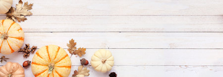 Autumn corner border of pumpkins, golden leaves and natural decor. Above view on a white wood banner...
