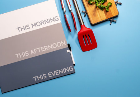 Flat lay of proactive meal workspace with cutting board planning to get healthy