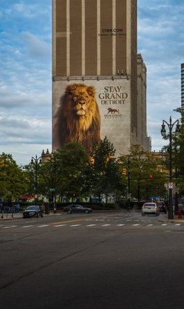 MGM Grand Casino historic lion mural in the city of downtown Detroit promoting their hotel and...