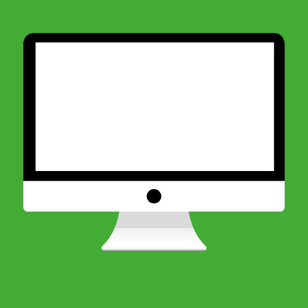 White and black  computer with white empty screen front view on green background vector. Desktop computer flat style.のイラスト素材