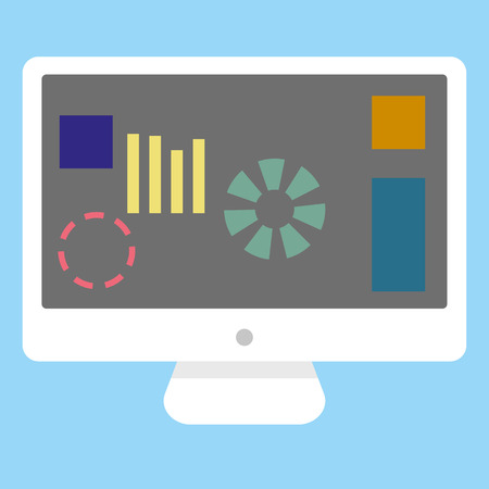 white Computer desktop with graph and figures on blue background. desctop computer with info chart graphics vector.のイラスト素材