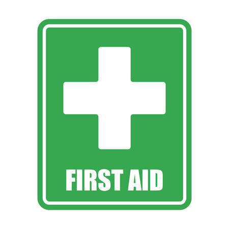 First aid help vector eps10 on white background. First aid sign. Green square and white cross symbol with FIRST AID text below, vector illustration.のイラスト素材