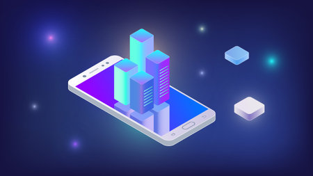 Techno wallpaper with an isometric Grey smartphone and a reflective blue screen on which charts...