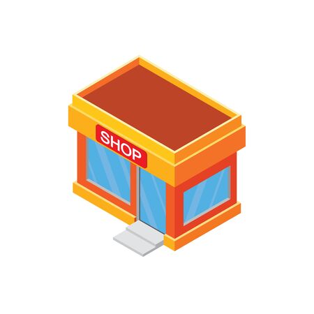 Isometric Store or shop  orange color  with a shop sign, windows and door with steps isolated on white. Orange color isometric store building. Isometric store building isolated vector on white.のイラスト素材