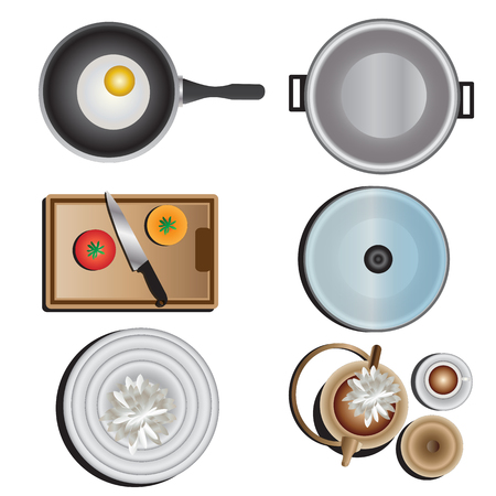 Kitchen equipment top view set 10 for interior , vector illustrationのイラスト素材