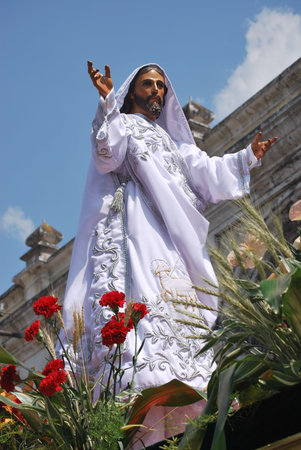 The resurrected Jesus in a Easter Day procession in Antigua Guatemalaの写真素材