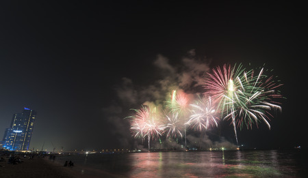 31Th August 2017, Dubai, united Arab emirates : Fire work on the Eid Al Adha celebration on august 31 2017 in Marina beach, Jumeirah Beach Residence Marina, Dubai, Dubai, united Arab.のeditorial素材