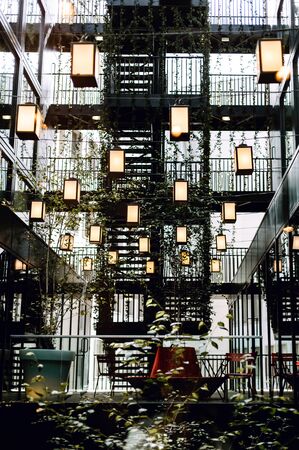 Modern, architectural details and decor inside Citizen M Hotel in Bankside, London, United Kingdomのeditorial素材