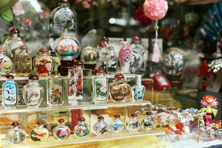 Collection of colorful Chinese Snuff Bottles on display in Chinatown, San Francisco, Californiaのeditorial素材