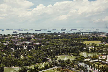 Gardens By The Bay park from above with views of ships in the distance in Singapore.のeditorial素材