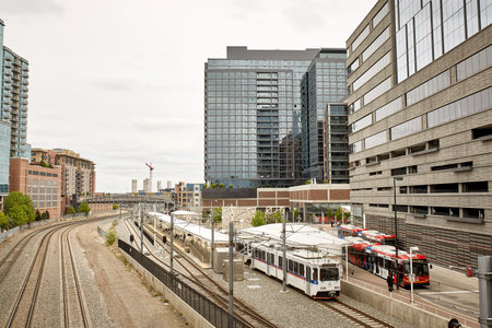 Train tracks near Union Station, under the Millennium Bridge in the Riverfront Park neighborhood of...