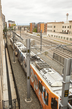 Train tracks near Union Station, under the Millennium Bridge in the Riverfront Park neighborhood of...