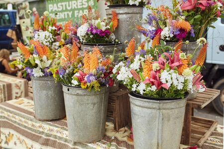 Boulder, Colorado - August 10th, 2019: Bouquets of fresh cut flowers on display at a farmers market in Boulder, Coloradoのeditorial素材
