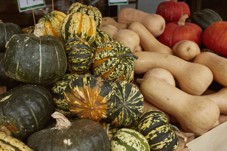 Variety of winter squash on a wooden table at a Farmers Market during the Autumn Harvest season in...