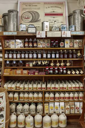 Woodstock, Vermont - September 30th, 2019: Variety of New England maple syrup for sale at a general store in Woodstock.のeditorial素材