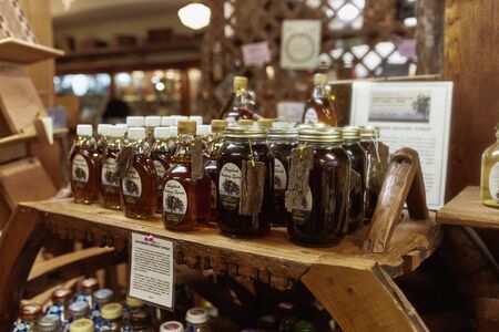 Bennington, Vermont - September 30th, 2019: Variety of New England maple syrup for sale at a general store in Bennington.のeditorial素材