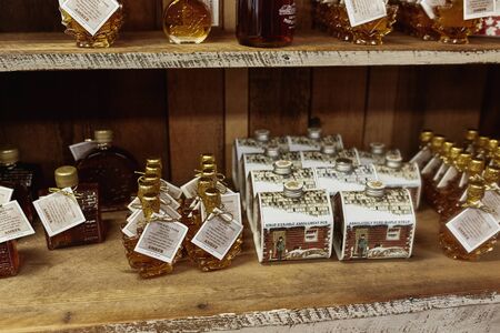 Bennington, Vermont - September 30th, 2019: Variety of New England maple syrup for sale at a general store in Bennington.のeditorial素材