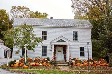 Dorset, Vermont - October 1st, 2019:  Exterior of 3 Pears Gallery decorated with seasonal pumpkins and Fall decorations.のeditorial素材