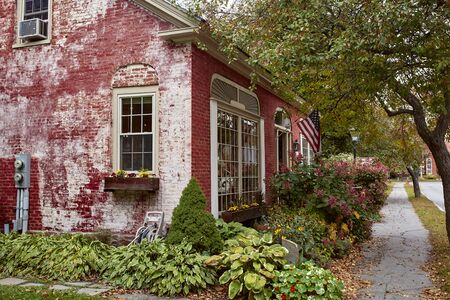 Woodstock, Vermont - September 30th, 2019:  Small shops and restaurants on a cool Fall day in the historic New England town of Woodstock.のeditorial素材