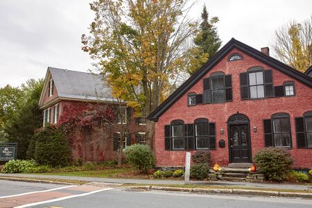 Woodstock, Vermont - September 30th, 2019:  Residential neighborhood with historic homes on a cool Fall day in the New England town of Woodstock.のeditorial素材