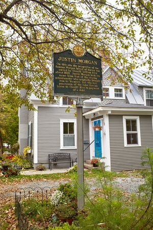 Woodstock, Vermont - September 30th, 2019:  Historical marker of Justin Morgan in the historic New England town of Woodstock.のeditorial素材