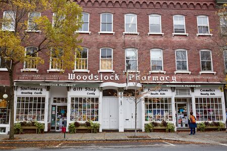 Woodstock, Vermont - September 30th, 2019:  Exterior of Woodstock Pharmacy on a cool Fall day in the historic New England town of Woodstock.のeditorial素材