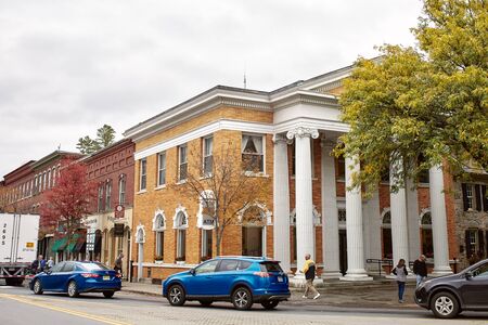Woodstock, Vermont - September 30th, 2019:  Small shops and restaurants on a cool Fall day in the historic New England town of Woodstock.のeditorial素材