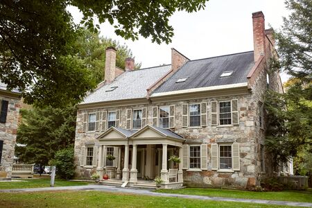 Woodstock, Vermont - September 30th, 2019:  Exterior of historical buildings in the town center on a cool Fall dayのeditorial素材
