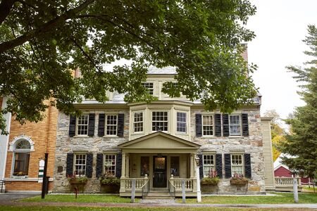 Woodstock, Vermont - September 30th, 2019:  Exterior of historical buildings in the town center on a cool Fall dayのeditorial素材