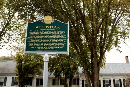 Woodstock, Vermont - September 30th, 2019:  Historical marker in the New England town of Woodstock on a cold, Fall dayのeditorial素材