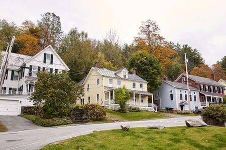 Woodstock, Vermont - September 30th, 2019:  Residential neighborhood with historic homes on a cool Fall day in the New England town of Woodstock.のeditorial素材