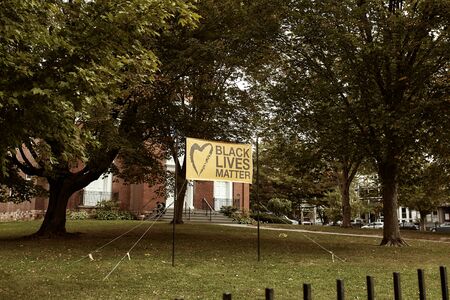September 29th, 2019: Black Lives Matter banner on lawn of church in Burlington, Vermont.のeditorial素材