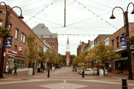 Burlington, Vermont - September 29th, 2019: Commercial stores and restaurants along pedestrian...