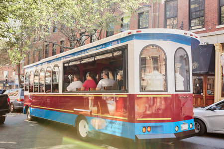 Portland, Maine - September 26th, 2019:  Portland Mainely bus carrying passengers in historic Old...