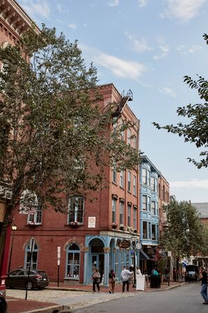 Portland, Maine - September 26th, 2019:  Commercial stores and restaurants in historic Old Port district of Portland, Maine.のeditorial素材