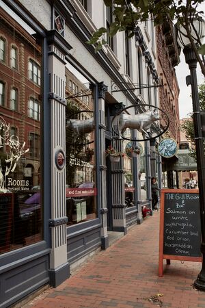 Portland, Maine - September 26th, 2019:  Commercial stores and restaurants in historic Old Port district of Portland, Maine.のeditorial素材