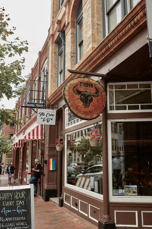 Portland, Maine - September 26th, 2019:  Commercial stores and restaurants in historic Old Port district of Portland, Maine.のeditorial素材