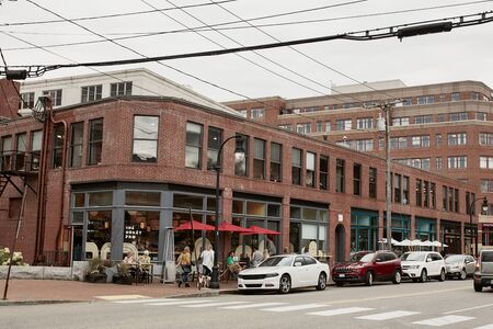 Portland, Maine - September 26th, 2019:  Commercial stores and restaurants in historic Old Port district of Portland, Maine.のeditorial素材