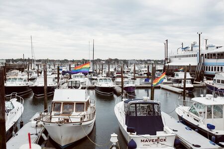 Portland, Maine - September 26th, 2019: Boats docked on a harbor in the Old Port district of Portland, Maine.のeditorial素材