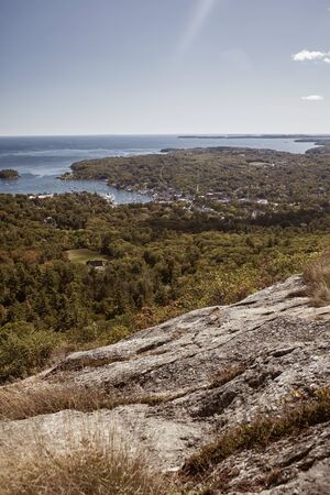 Overlooking Penobscot Bay from the summit of Mt Battie at Camden Hills Stat Park in Camden, Maine.の写真素材