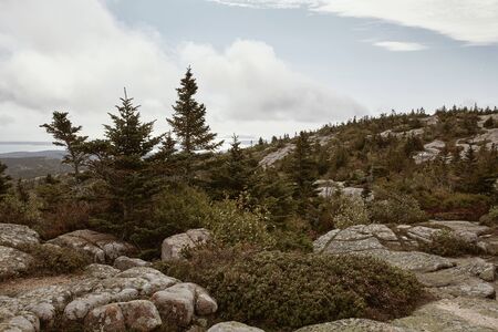 Hiking along granite bedrock on the summit of Cadillac Mountain in Acadia National Park on Mount Desert Island, Maine.の写真素材