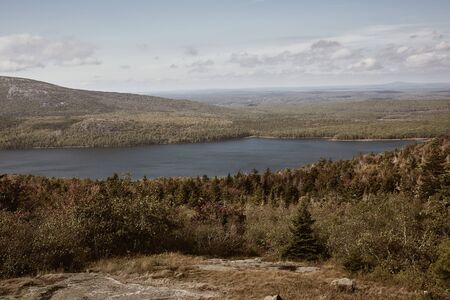 View of Jordan Pond from Cadillac Mountain in Acadia National Park on Mount Desert Island, Maine.の写真素材