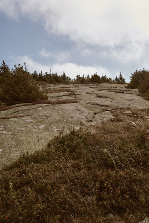 Hiking in Acadia National Park along granite bedrock of Cadillac Mountain on a cool Fall day.