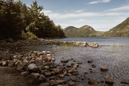 Jordan Pond with view of the Bubbles in background at Acadia National Park in Mount Desert Island,...