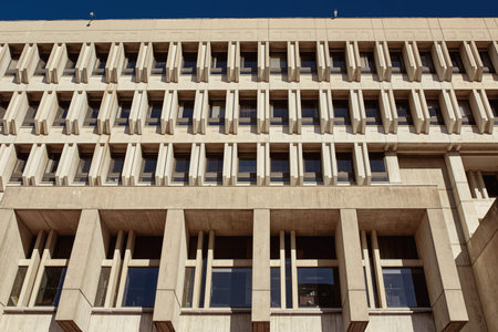 Exterior of Boston City Hall, an example of Brutalist Architecture, in downtown Boston.