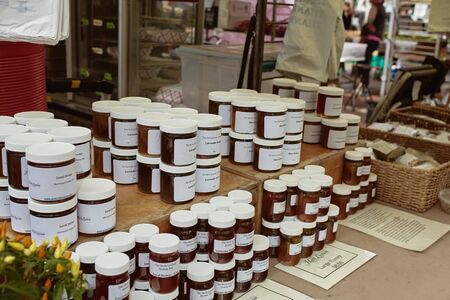 Boston, Massachusetts - October 3rd, 2019: Variety of local honey for sale at a farmers market in Copley Square on a Fall day.のeditorial素材